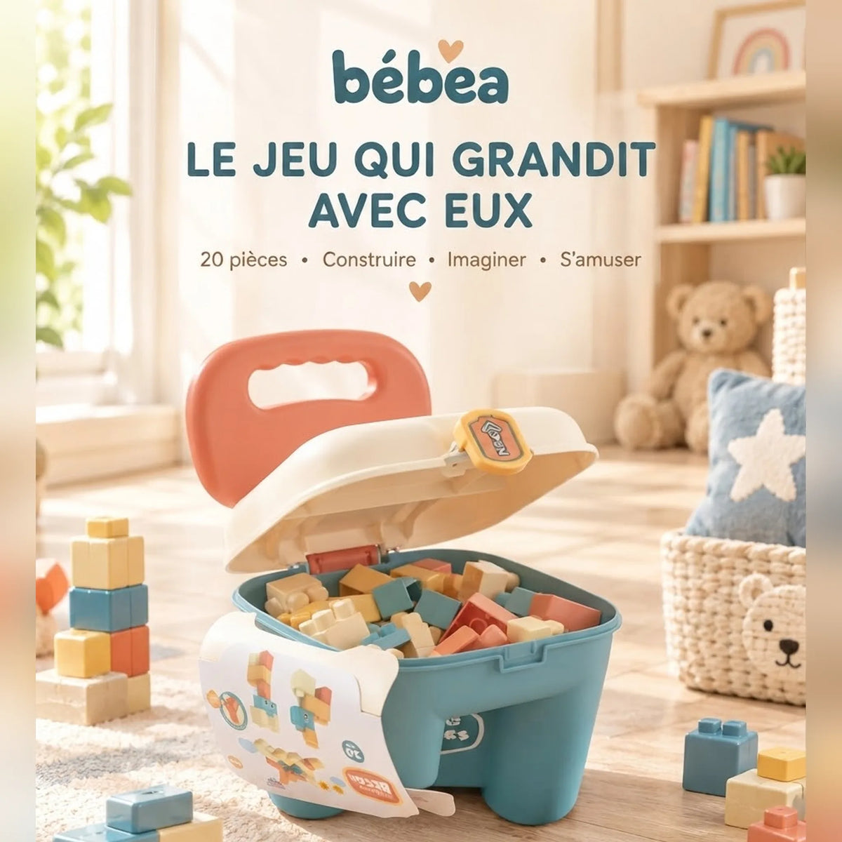 Tabouret enfant coffre à jouets 2 en 1 Bébéa avec blocs de construction