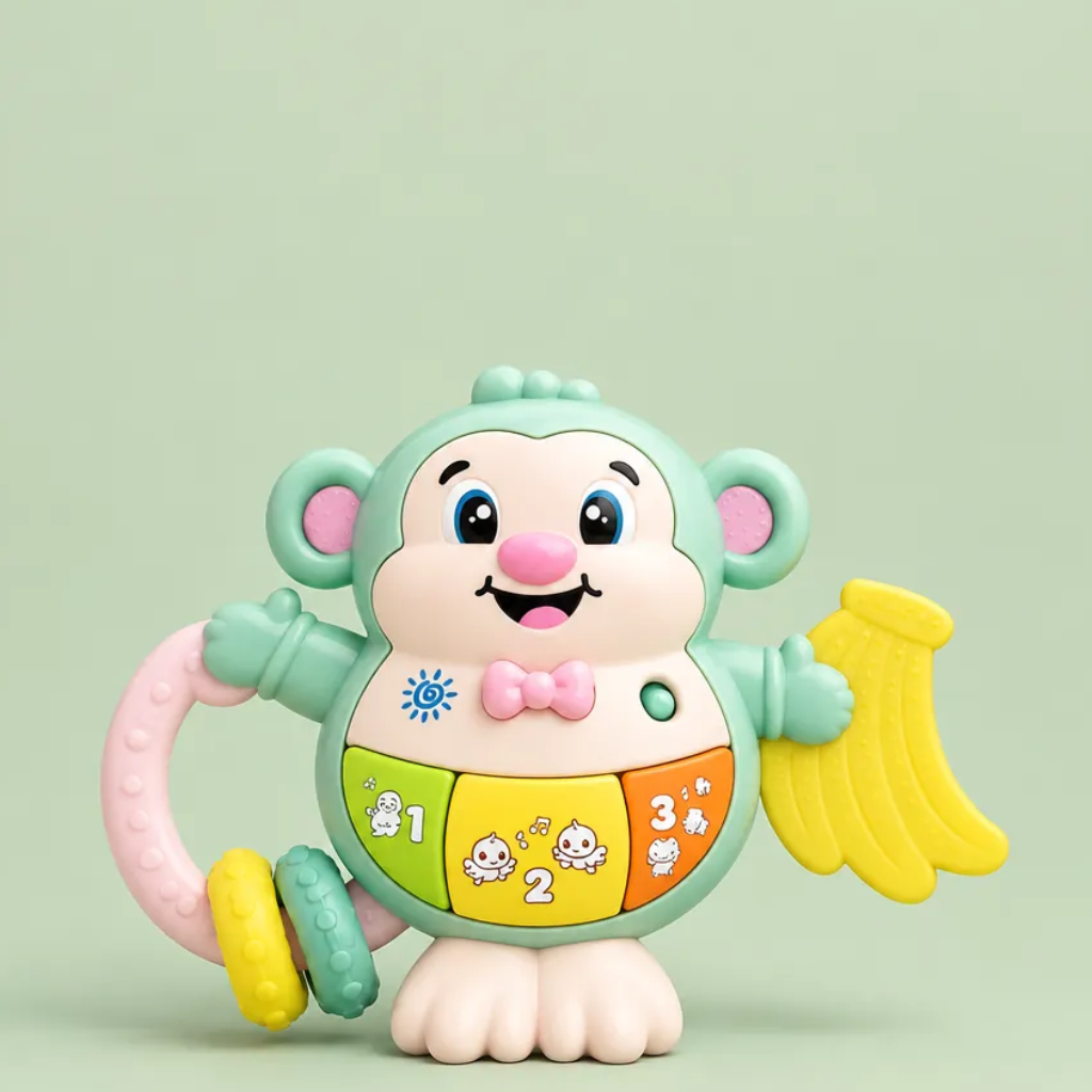 Enfant de 3 ans qui joue avec Milo, le singe musical et lumineux Bébéa
