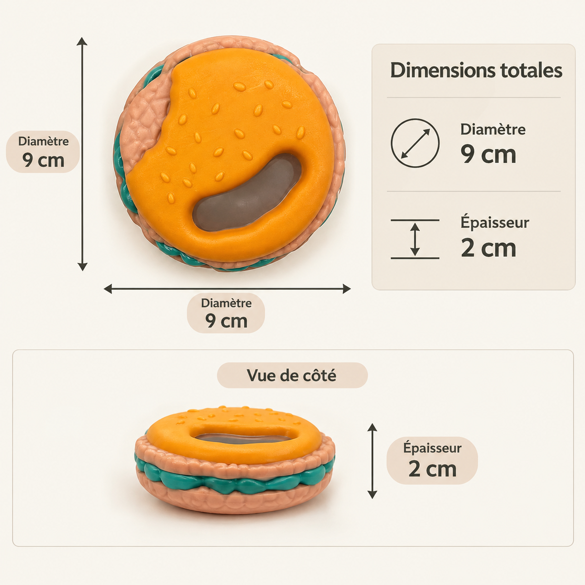 Dimensions de l'anneau de dentition burger : 9 cm de diamètre et 2 cm d'épaisseur