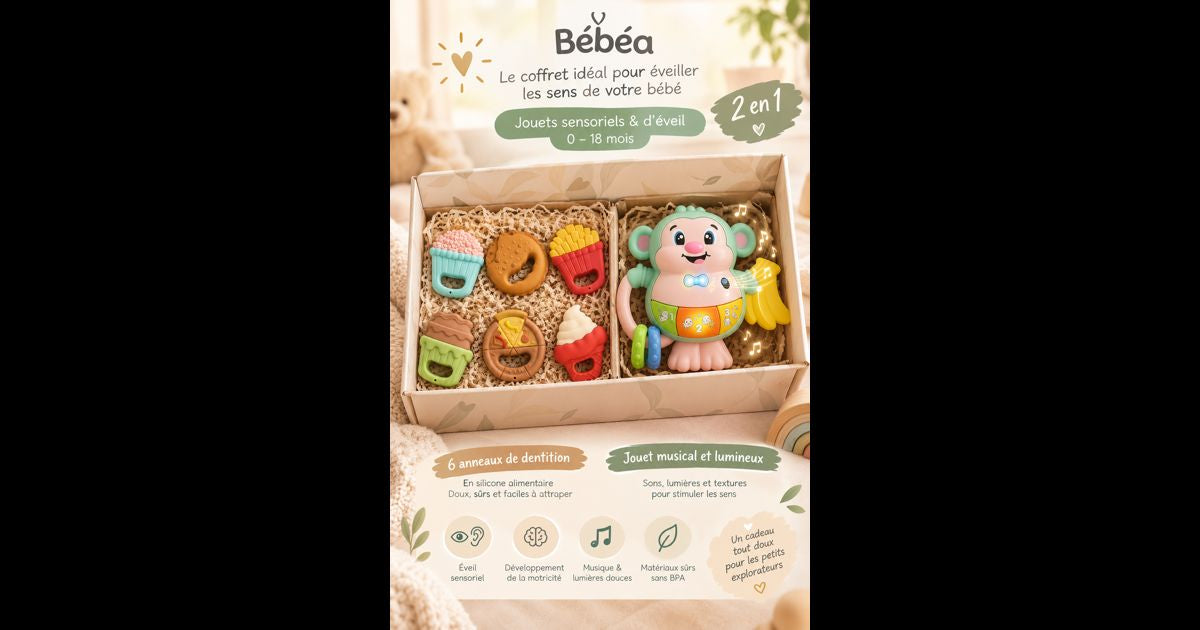 Coffret dentition Bébéa – anneau singe musical et lot de 6 anneaux fast-food