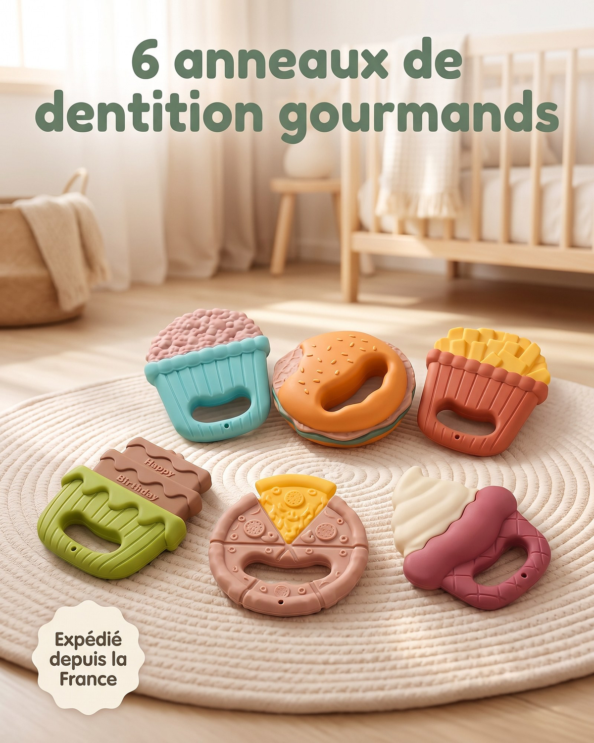 Jouet de dentition Montessori en silicone sans BPA, 6 formes fast-food