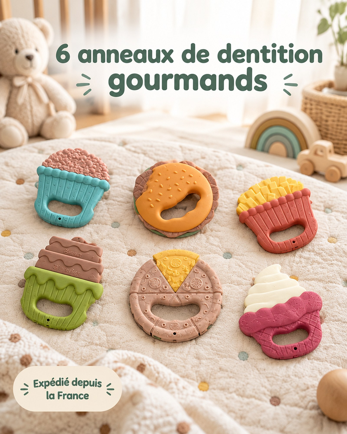 Lot de 6 anneaux de dentition bébé en silicone formes fast-food