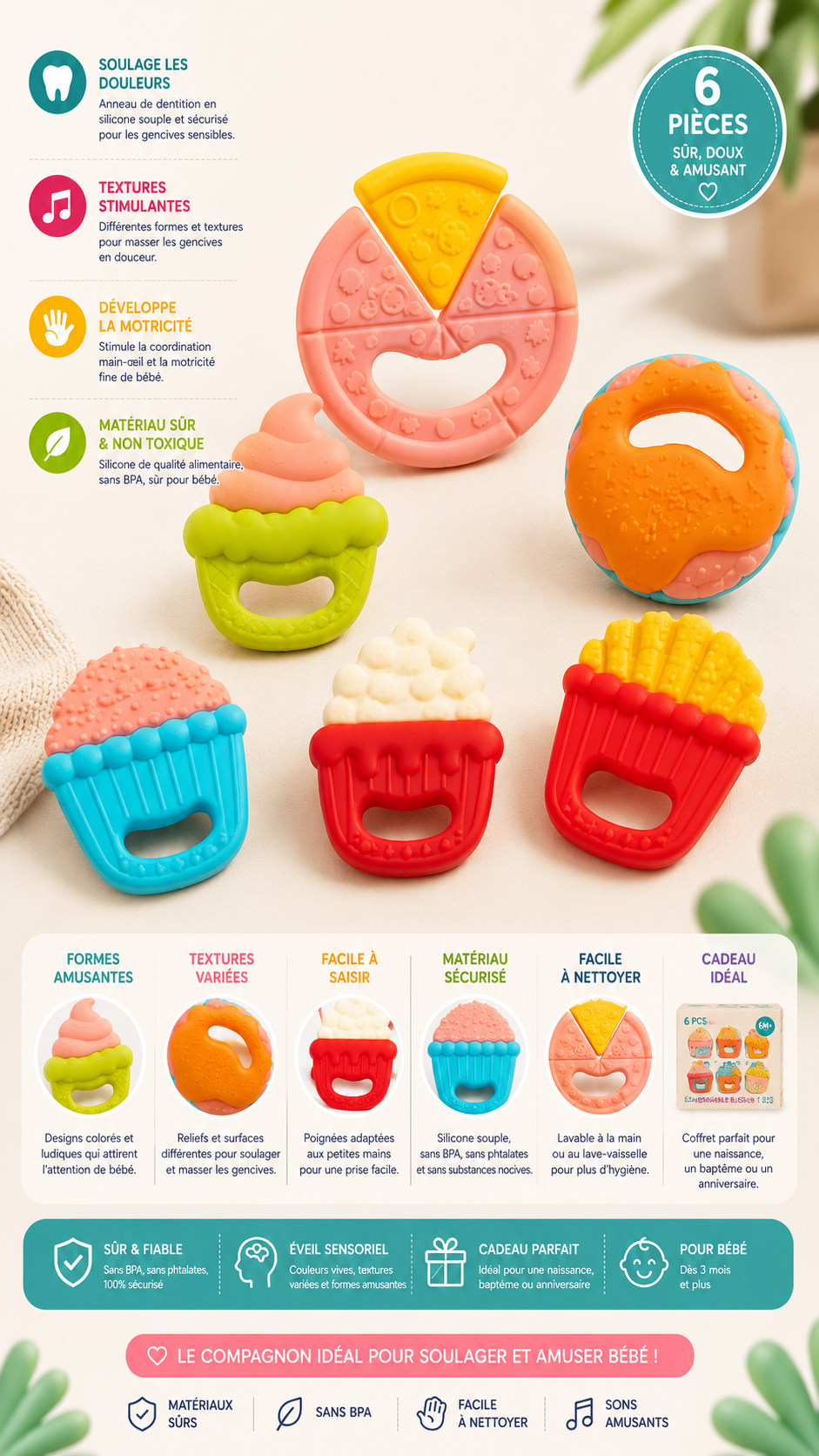 Lot de 6 anneaux de dentition fast-food Bébéa