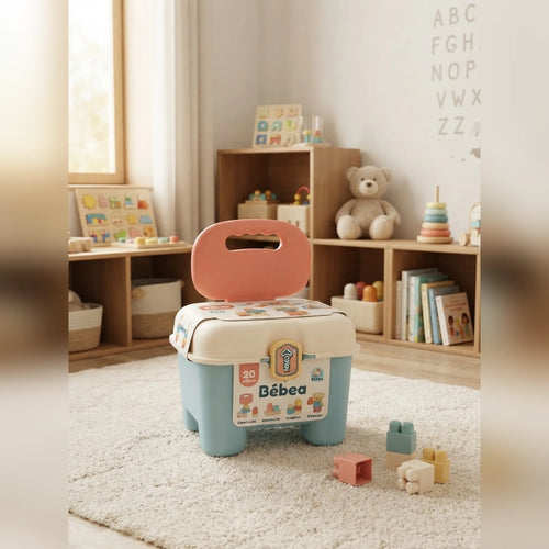 Tabouret enfant avec coffre de rangement et poignée de transport Bébéa dans une chambre Montessori